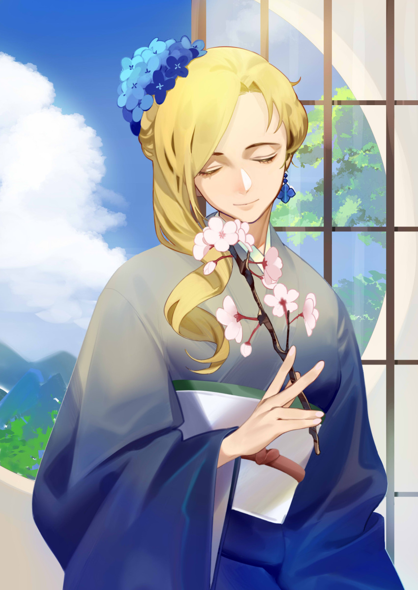 1girl absurdres azur_lane blonde_hair blue_flower blue_kimono branch cherry_blossoms closed_eyes closed_mouth commentary commentary_request earrings eyebrows_behind_hair flower hair_flower hair_ornament hand_up highres holding holding_branch hood_(azur_lane) indoors japanese_clothes jewelry kimono long_hair long_sleeves obi pink_flower round_window sash sky solo tree upper_body uyuyuun wide_sleeves window