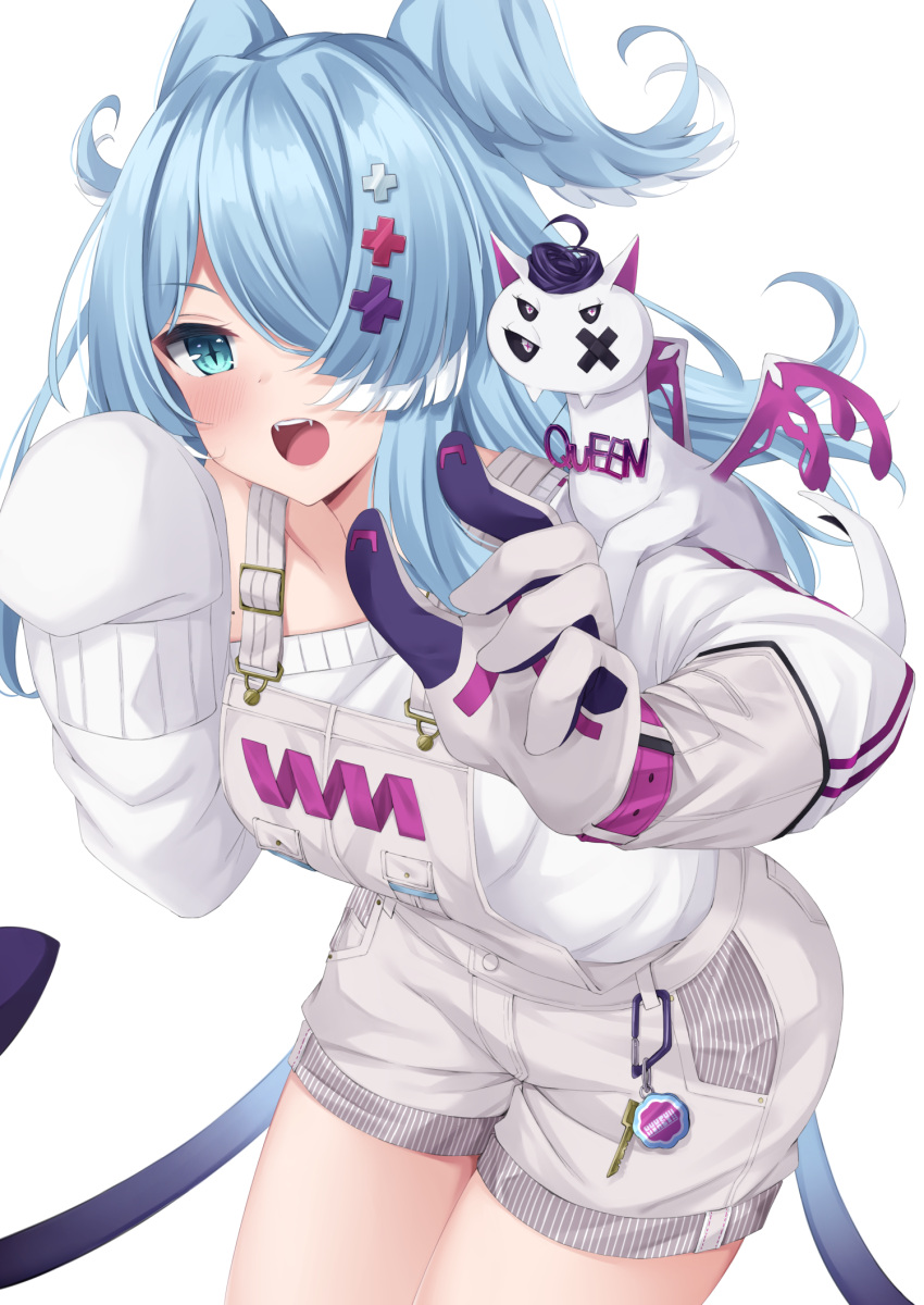 1girl blue_eyes blue_hair collarbone commentary_request elira_pendora english_text extra_eyes fangs gloves grey_gloves hair_ornament hair_over_one_eye highres long_sleeves looking_at_viewer multicolored_hair nijisanji off_shoulder open_mouth overall_shorts overalls pikl_(elira_pendora) shikapiro simple_background single_glove sleeves_past_fingers sleeves_past_wrists streaked_hair sweater two_side_up upper_teeth virtual_youtuber white_background white_hair white_sweater