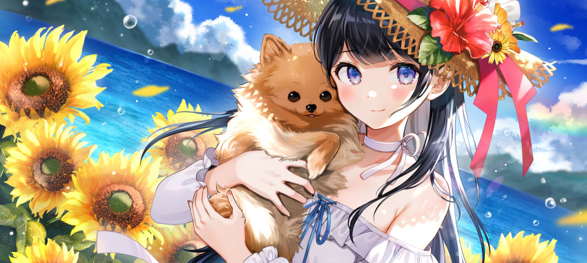 1girl animal bangs black_hair blue_eyes choker closed_mouth clouds dog dress dutch_angle flower frilled_dress frills hat hat_flower highres holding holding_animal holding_dog long_hair looking_at_viewer mountain nishizawa original outdoors ribbon_choker smile solo standing strapless strapless_dress straw_hat sunflower white_dress