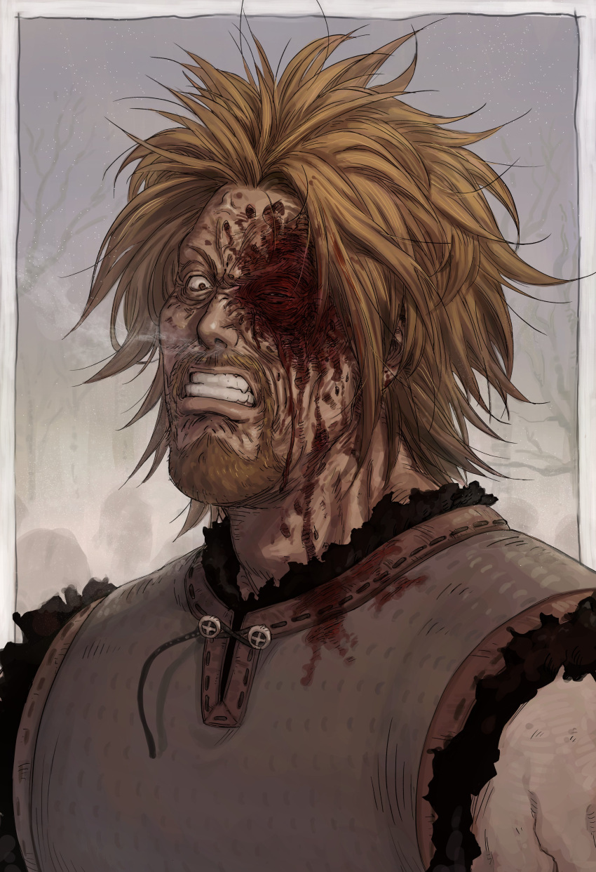 1boy absurdres anger_vein beard blonde_hair blood blood_on_clothes blood_on_face brown_eyes clenched_teeth english_commentary facial_hair grey_background highres male_focus outdoors procreate_(medium) scar solo teeth thorkell upper_body vinland_saga yomimomsg