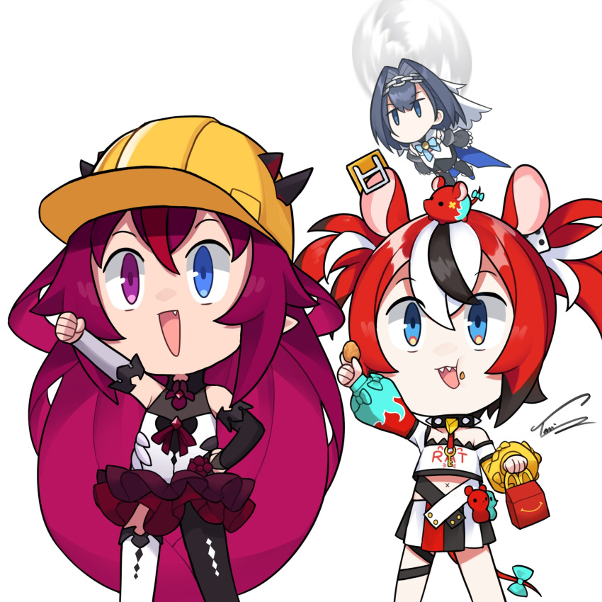 animal_ears bangs black_hair blue_eyes blue_hair bow chicken_nuggets collar dasdokter detached_sleeves dice_hair_ornament earrings food hair_intakes hair_ornament hakos_baelz hardhat helmet heterochromia highres hololive hololive_english horns irys_(hololive) jewelry kfp long_hair mouse_ears mouse_girl mouse_tail mr._squeaks_(hakos_baelz) multicolored_hair multiple_girls open_mouth ouro_kronii pointy_ears purple_hair redhead short_hair spiked_collar spikes streaked_hair tail twintails violet_eyes virtual_youtuber white_hair