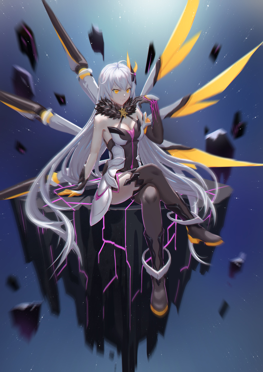 1girl absurdres asymmetrical_gloves bangs bare_shoulders black_footwear black_gloves blurry blurry_background boots closed_mouth crossed_legs floating floating_object floating_weapon full_body gloves hair_between_eyes hair_ornament highres honkai_(series) honkai_impact_3rd kiana_kaslana kiana_kaslana_(herrscher_of_the_void) long_hair looking_at_viewer polearm sitting smile solo spear thigh-highs thigh_boots uneven_gloves weapon white_gloves white_hair wings ye-z-jing yellow_eyes