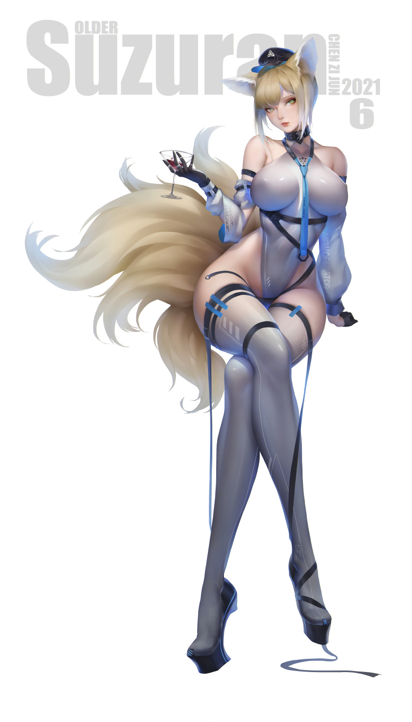 1girl absurdres alcohol animal_ear_fluff animal_ears arknights arm_support bare_shoulders blonde_hair blue_neckwear breasts breasts_apart character_name collar collarbone covered_collarbone covered_navel covered_nipples crossed_legs cup curvy dated drinking_glass eyebrows_visible_through_hair fox_ears fox_girl full_body gradient_hair green_eyes hat highleg highleg_leotard highres impossible_clothes impossible_leotard invisible_chair kitsune large_breasts leotard linea_alba lips loose_necktie medium_breasts medium_hair multicolored_hair multiple_tails necktie nose off-shoulder_leotard pumps qinzeduomexiong shiny shiny_clothes sidelocks simple_background sitting solo suzuran_(arknights) tail thigh-highs tsurime visor_cap wide_hips wine wine_glass