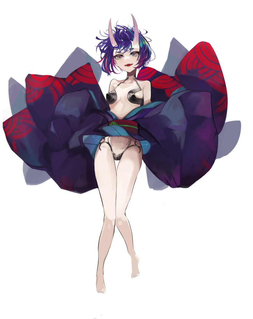 1girl absurdres bare_legs bare_shoulders barefoot bob_cut breasts fangs fate/grand_order fate_(series) highres horns japanese_clothes kimono looking_at_viewer navel oni oni_horns open_mouth purple_hair purple_kimono revealing_clothes san_(harutuki_3) short_hair shuten_douji_(fate) simple_background skin-covered_horns small_breasts smile solo standing violet_eyes white_background