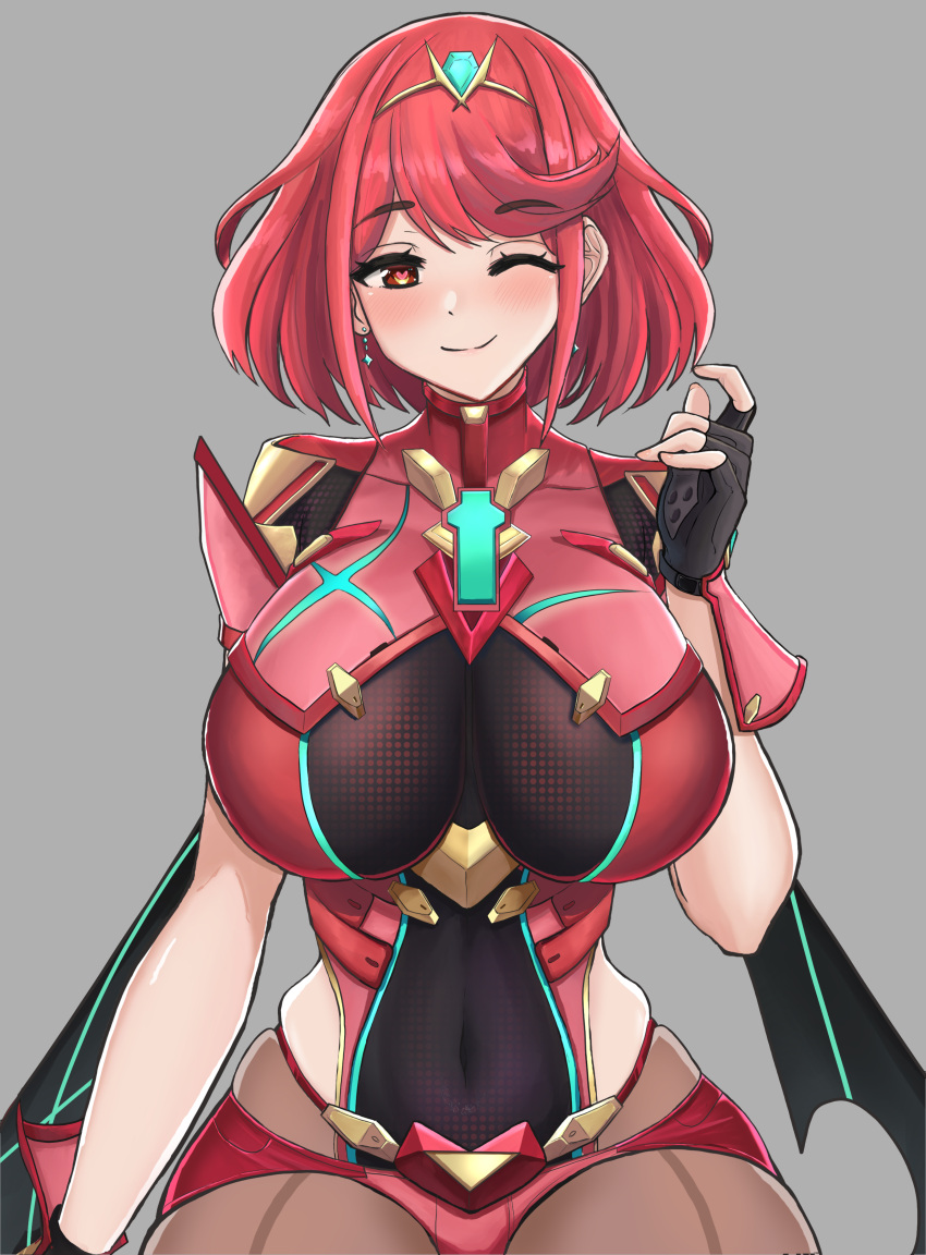 1girl absurdres bangs black_gloves breasts chest_jewel desspie earrings fingerless_gloves gloves heart heart-shaped_pupils highres jewelry large_breasts pyra_(xenoblade) red_eyes red_legwear red_shorts redhead short_hair short_shorts shorts swept_bangs symbol-shaped_pupils thigh-highs tiara xenoblade_chronicles_(series) xenoblade_chronicles_2