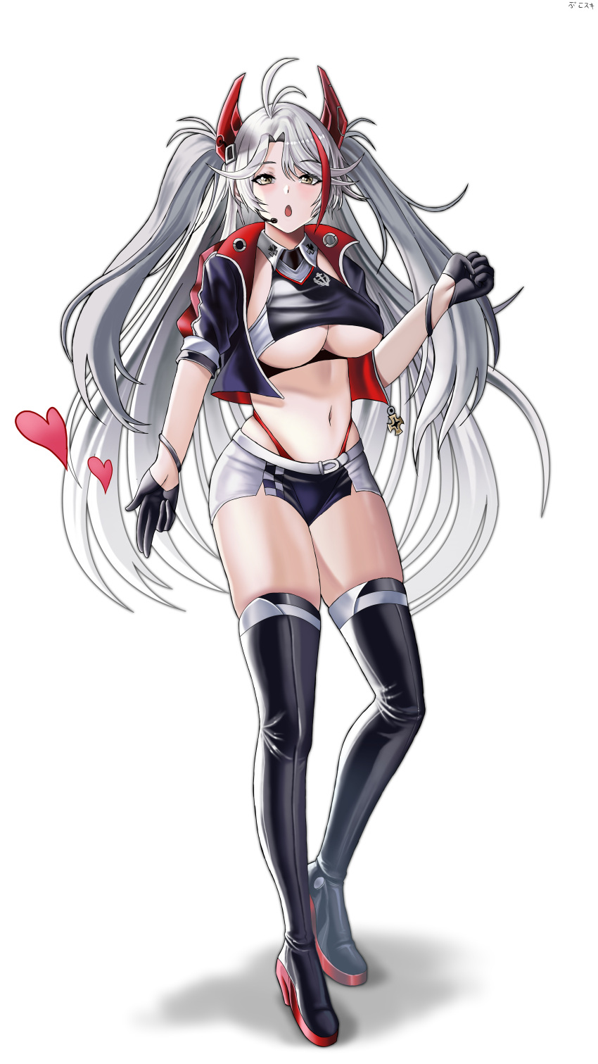 1girl absurdres ahoge alternate_costume azur_lane black_gloves breasts bukowiski full_body gloves hair_ornament headset heart high_heels highres jacket large_breasts long_hair multicolored_hair navel open_clothes open_jacket open_mouth prinz_eugen_(azur_lane) racequeen silver_hair simple_background solo stomach streaked_hair thigh-highs twintails under_boob white_background yellow_eyes