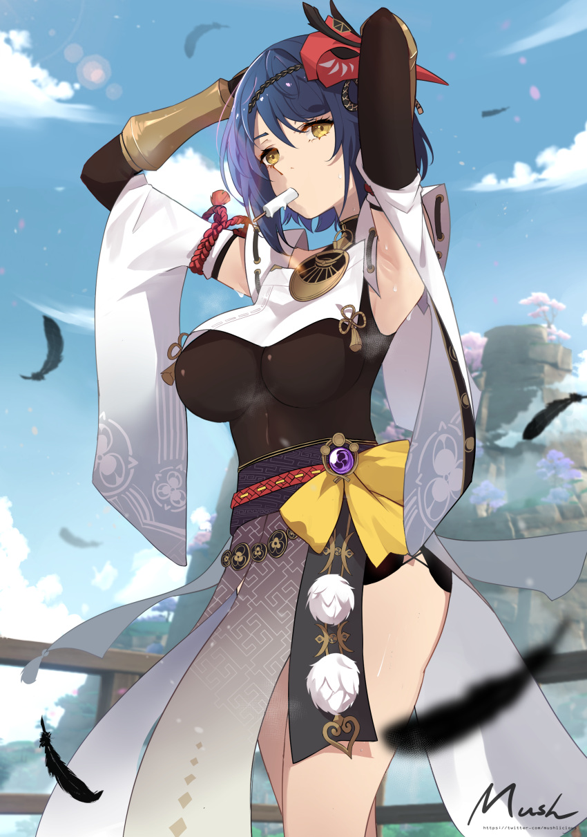 1girl absurdres armpits arms_up artist_name black_gloves black_hair black_leotard blue_sky bow bracer breasts clouds commentary_request cowboy_shot day detached_sleeves elbow_gloves feathers food food_in_mouth genshin_impact gloves hands_in_hair highres impossible_clothes impossible_leotard kujou_sara lens_flare leotard leotard_under_clothes mask mask_on_head medium_breasts mouth_hold mush_(mushlicious) outdoors pom_pom_(clothes) popsicle railing short_hair short_sleeves signature sky solo steaming_body sweat vision_(genshin_impact) yellow_bow yellow_eyes