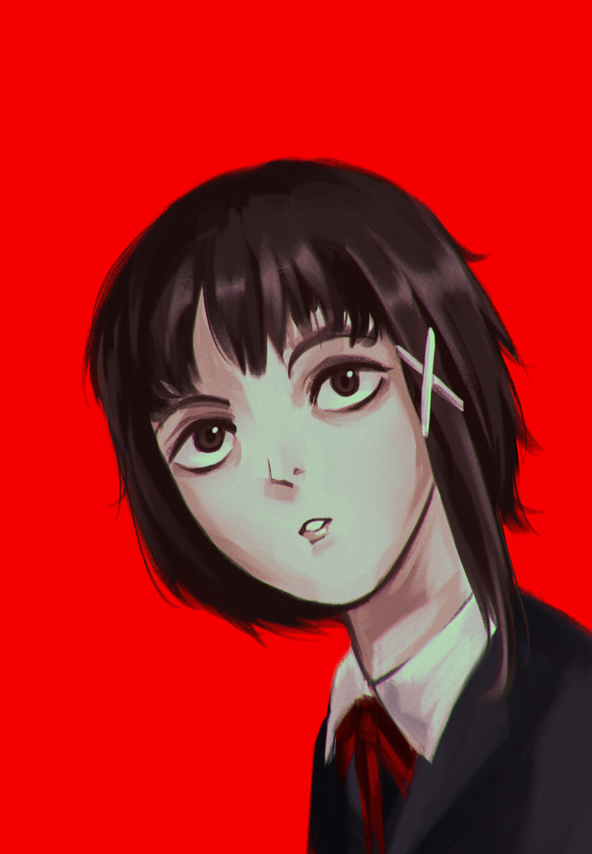 1girl absurdres asymmetrical_hair brown_eyes brown_hair hair_ornament highres iwakura_lain looking_at_viewer mirrurin open_mouth red_background red_neckwear school_uniform serial_experiments_lain short_hair simple_background solo x_hair_ornament