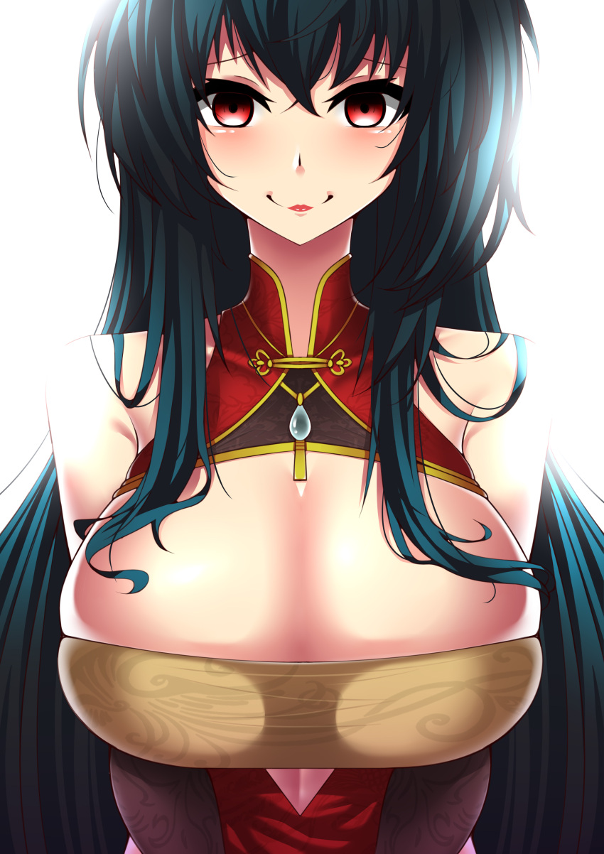 1girl absurdres azur_lane bangs bare_shoulders black_hair breast_squeeze breasts bridal_gauntlets china_dress chinese_clothes cleavage_cutout clothing_cutout creepy_eyes crossed_bangs cutout_above_navel dress evil_smile h.carrrrrrot highres long_hair looking_at_viewer official_alternate_costume red_eyes red_lips simple_background smile solo taihou_(azur_lane) taihou_(phoenix's_spring_song)_(azur_lane) very_long_hair white_background