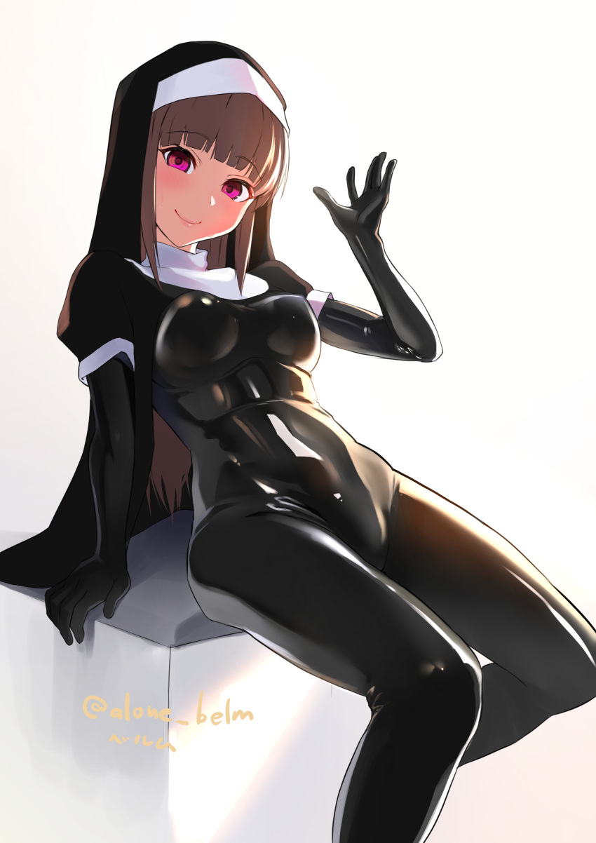 1girl absurdres alone_belm artist_name black_bodysuit bodysuit brown_hair commentary_request eyebrows_visible_through_hair habit highres latex latex_bodysuit long_hair looking_at_viewer medium_hair nun original shiny shiny_clothes sitting skin_tight smile solo violet_eyes white_background