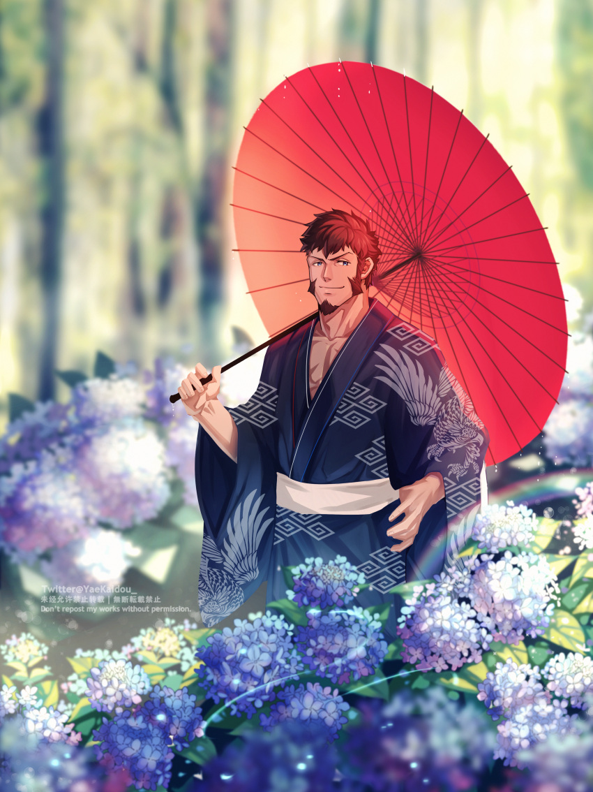 1boy absurdres alternate_costume alternate_hairstyle blue_eyes blue_kimono brown_hair facial_hair fate/grand_order fate_(series) flower flower_request forest goatee highres holding holding_umbrella japanese_clothes kimono long_sideburns looking_at_viewer male_focus mature_male napoleon_bonaparte_(fate) nature open_clothes open_kimono pectoral_cleavage pectorals print_kimono purple_flower short_hair sideburns smile solo tree umbrella yaosan233