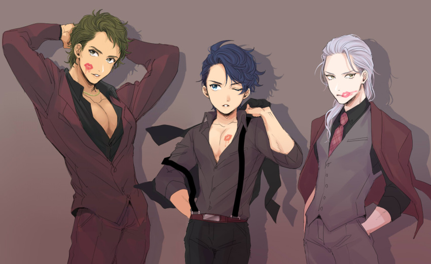 3boys alternate_hairstyle belt blue_hair carparian collarbone enjouji_michiru formal green_hair hair_down hand_in_pocket idolmaster idolmaster_side-m jacket jacket_on_shoulders jewelry kizaki_ren lipstick lipstick_mark looking_at_viewer makeup male_focus multiple_boys necklace necktie off_shoulder one_eye_closed open_mouth parted_lips pectoral_cleavage pectorals silver_hair simple_background smeared_lipstick smile taiga_takeru the_kogado_(idolmaster) waistcoat