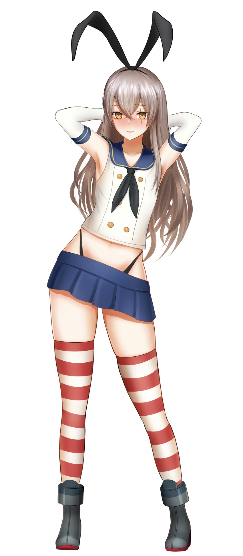 1girl absurdres armpits blush brown_hair commission cosplay embarrassed flat_chest girls_frontline guchagucha highres kantai_collection long_hair navel pixiv_request shimakaze_(kancolle) shimakaze_(kancolle)_(cosplay) solo ump45_(girls'_frontline) very_long_hair