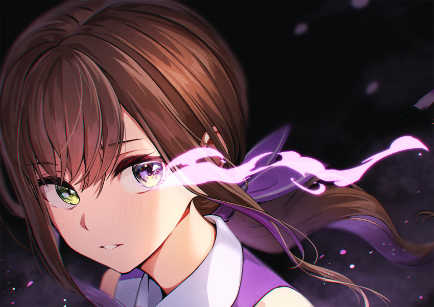 1girl brown_hair colored_inner_hair enogu flaming_eye glowing glowing_eyes highres kagawa_ichigo light_trail long_hair looking_at_viewer multicolored_hair natsume_haru official_art parted_lips ponytail portrait purple_theme solo