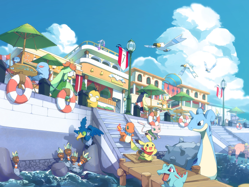 :d alolan_form alolan_persian alolan_raichu binacle building chair charmander closed_mouth clouds commentary_request cramorant day fire flame highres inteleon kura_(shironagasu02) lapras lifebuoy lilligant mew mienshao mythical_pokemon open_mouth outdoors pikachu pokemon pokemon_(creature) psyduck quagsire sitting sky slowpoke smile stairs standing table tongue totodile typhlosion umbrella water wingull wooper