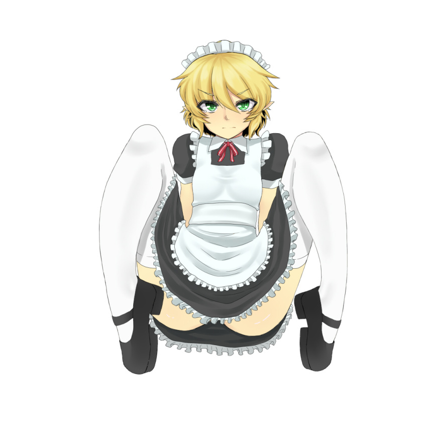 1girl alternate_costume apron bangs black_dress black_footwear blush breasts closed_mouth collared_dress commentary_request dress enmaided frilled_apron frilled_dress frills full_body looking_at_viewer maid maid_headdress mary_janes mizuhashi_parsee neck_ribbon nicutoka pointy_ears red_neckwear red_ribbon ribbon shoes short_hair short_sleeves simple_background small_breasts solo spread_legs thigh-highs touhou white_apron white_background white_legwear