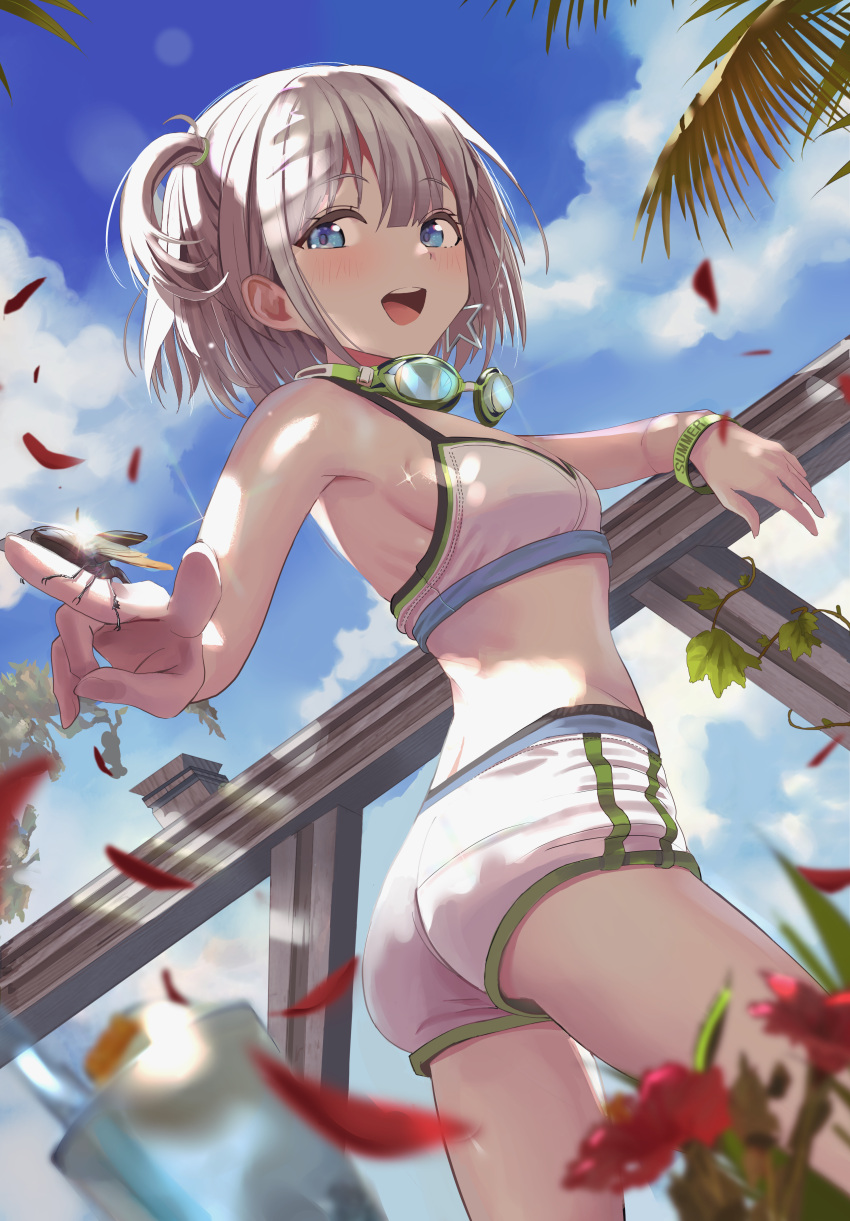 1girl absurdres ass bangs bare_shoulders blue_eyes bra breasts bug cicada clouds day drink dutch_angle eyebrows_visible_through_hair go_(mumuke) goggles goggles_around_neck grey_hair highres idolmaster idolmaster_shiny_colors open_mouth outdoors palm_tree petals railing serizawa_asahi short_hair short_shorts shorts sideboob sky smile solo sports_bra summer tree two_side_up underwear white_bra white_shorts wristband