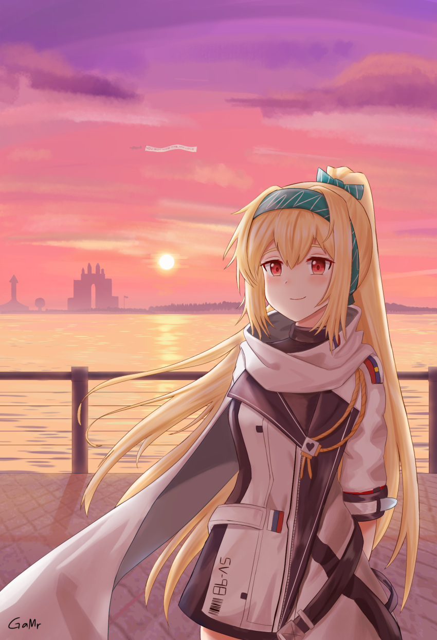 1girl arms_behind_back artist_name black_bodysuit blonde_hair blush bodysuit bow closed_mouth clouds cloudy_sky eyebrows_visible_through_hair feet_out_of_frame gamryous girls_frontline green_bow green_hairband hair_bow hairband highres jacket long_hair looking_at_viewer ponytail red_eyes russian_flag scarf sky smile solo standing sun sv-98_(girls'_frontline) white_jacket white_scarf