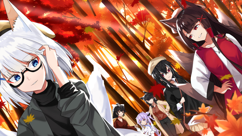 6+girls ^_^ absurdres akagi_(azur_lane) alternate_costume animal_ears atago_(azur_lane) autumn_leaves azur_lane bag bangs bespectacled black_hair blue_eyes blunt_bangs bow brown_eyes casual closed_eyes collarbone commentary_request contemporary derby_(dabidabi) doll_hug eyebrows_visible_through_hair eyeshadow forest fox_ears fox_girl fox_tail glasses hair_between_eyes hair_bow hair_bun hair_ornament hair_ribbon hair_tubes handbag hat height_difference highres holding_hands jacket jewelry kaga_(azur_lane) kyuubi leaf long_hair long_sleeves looking_at_another looking_at_viewer makeup maple_leaf multiple_girls multiple_tails nature necklace object_hug one_side_up parted_lips pleated_skirt ponytail purple_hair red_eyes ribbon semi-rimless_eyewear shirt side_bun sidelocks skirt smile stuffed_animal stuffed_toy stuffed_winged_unicorn tail takao_(azur_lane) tree u-47_(azur_lane) unicorn_(azur_lane) violet_eyes white_shirt x_hair_ornament
