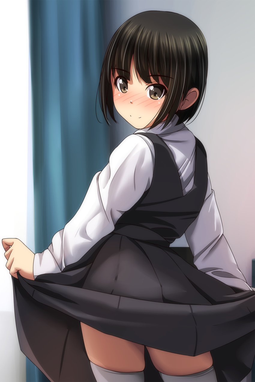 1girl absurdres bangs black_dress black_hair blurry blurry_background blush brown_eyes closed_mouth collared_shirt curtains day depth_of_field dress eyebrows_visible_through_hair highres indoors long_sleeves looking_at_viewer looking_back matsunaga_kouyou nose_blush original pinafore_dress pleated_dress shirt skirt_hold sleeveless sleeveless_dress sleeves_past_wrists smile solo sunlight thigh-highs white_legwear white_shirt window