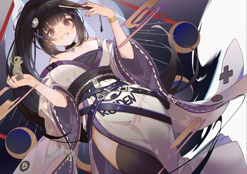 1girl :d animal bangs bare_shoulders belt black_eyes black_hair black_legwear breasts breasts_apart character_request choker copyright_request eyebrows_visible_through_hair hand_fan holding holding_animal holding_fan japanese_clothes kimono lanmei large_breasts long_hair long_sleeves looking_at_viewer looking_down machi_(7769) nail_polish open_mouth ponytail purple_nails smile solo teeth thigh-highs wide_sleeves