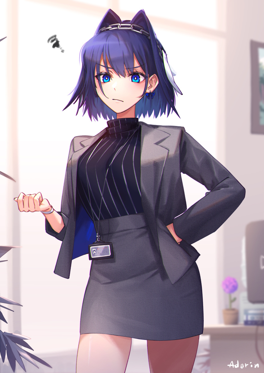 1girl :/ absurdres adarinsinner alternate_costume blazer blue_eyes blue_hair breasts checking_watch closed_mouth cowboy_shot desk grey_jacket grey_skirt hair_intakes hand_on_hip head_chain highres hololive hololive_english id_card indoors jacket office office_lady ouro_kronii pencil_skirt ribbon_earrings shirt shirt_tucked_in short_hair skirt solo spoken_squiggle squiggle striped striped_shirt suit_jacket thighs v-shaped_eyebrows vertical-striped_shirt vertical_stripes watch watch