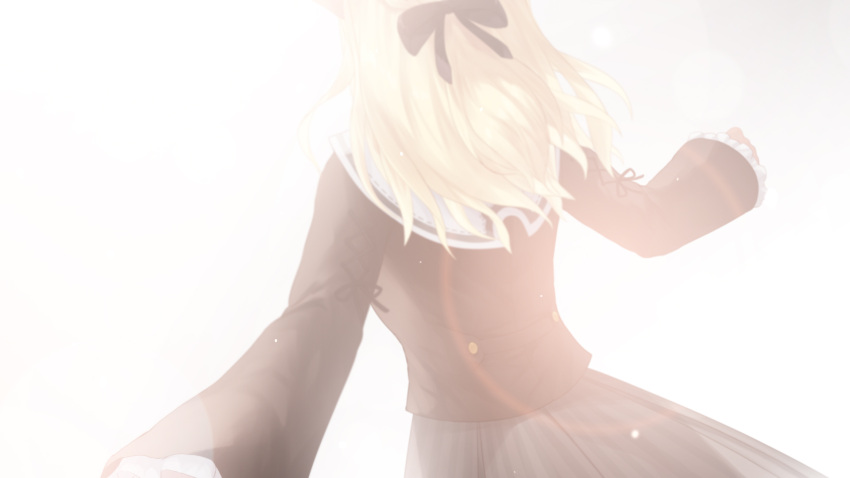 1girl black_bow black_jacket blonde_hair bow cait_aron facing_away frilled_sleeves frills from_behind grey_skirt hair_bow highres hololive jacket long_hair long_sleeves pleated_skirt shiranui_flare skirt solo striped vertical-striped_skirt vertical_stripes virtual_youtuber