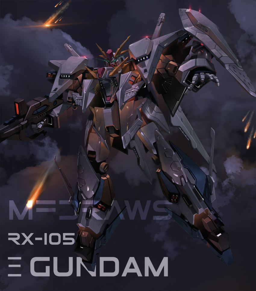 absurdres artist_name beam_rifle blue_eyes brayanong999 character_name clouds energy_gun english_commentary gun gundam gundam_hathaway's_flash highres holding holding_gun holding_weapon looking_down mecha mobile_suit no_humans open_hand science_fiction solo v-fin watermark weapon xi_gundam