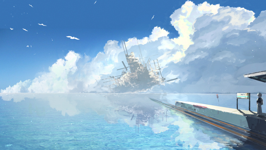 1boy animal bird black_shirt blue_sky closed_mouth clouds commentary_request day fen_fen_fen_fen highres island looking_away ocean original outdoors pants reflection scenery shirt sign signature sky solo standing train_station very_wide_shot white_hair white_pants