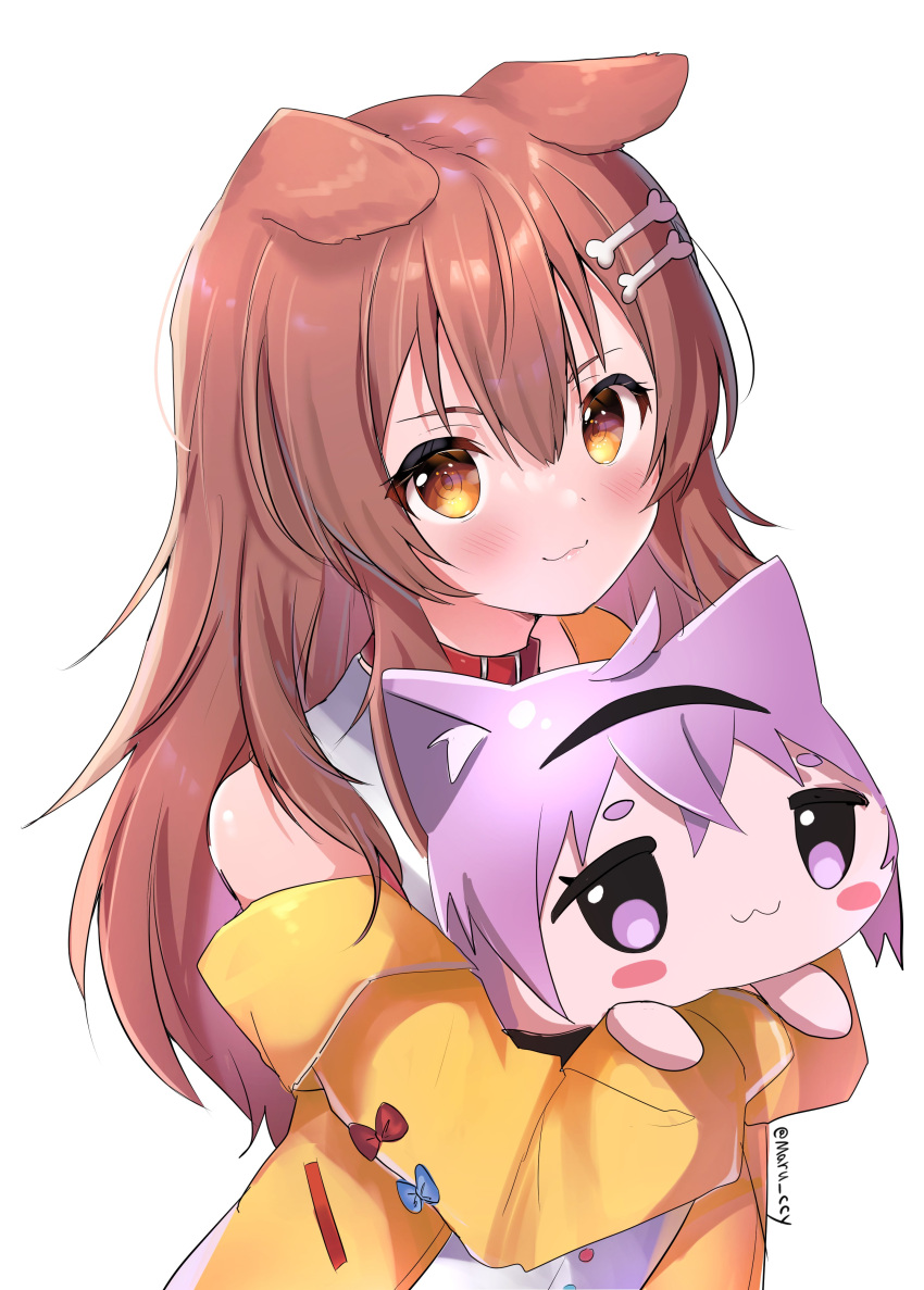 1girl :3 absurdres animal_collar animal_ears bangs blue_bow blush bone_hair_ornament bow bracelet braid breasts brown_eyes brown_hair buttons cat_girl chocolate_cornet collar dog_ears dog_girl dog_tail dress eyebrows_visible_through_hair fangs food hair_between_eyes hair_ornament hairclip highres hololive hololive_gamers inugami_korone jacket jewelry long_hair looking_at_viewer low_twin_braids maru_ccy nekomata_okayu off_shoulder open_mouth purple_hair red_bow red_collar red_legwear shoes short_dress short_hair smile sneakers solo tail twin_braids violet_eyes virtual_youtuber white_dress yellow_jacket