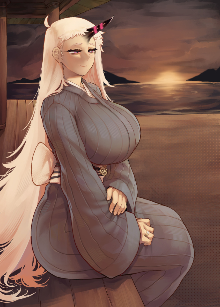 1girl abyssal_ship alternate_costume breasts clouds dusk grey_kimono highres horns huge_breasts japanese_clothes jewelry kantai_collection kimono long_hair obi pale_skin red_eyes ring sash seaport_princess single_horn sitting sky solo sunset uni_(oni_unicorn) very_long_hair wedding_band white_hair wide_sleeves