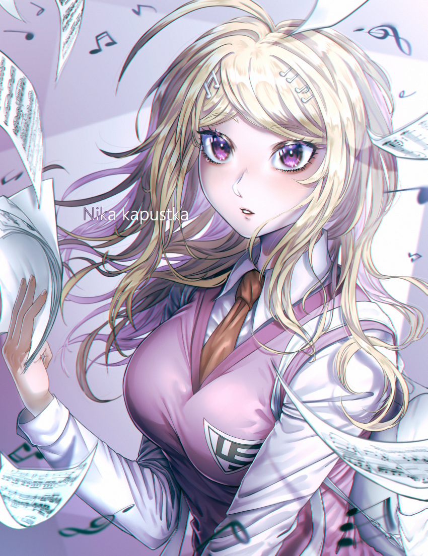 1girl absurdres ahoge akamatsu_kaede artist_name bangs beamed_eighth_notes blonde_hair breasts collared_shirt danganronpa_(series) danganronpa_v3:_killing_harmony eighth_note eyebrows_visible_through_hair floating floating_object grey_background hair_ornament hairclip hand_up highres holding large_breasts long_hair long_sleeves musical_note musical_note_hair_ornament necktie nika_kapustka paper parted_lips pink_eyes quarter_note shirt skirt solo sweater_vest teeth upper_body white_shirt