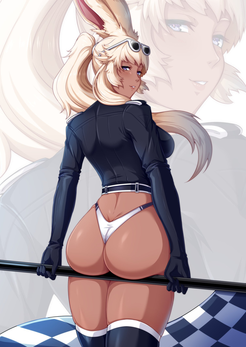 1girl animal_ears ass bangs bikini bikini_bottom blonde_hair blue_eyes blush breasts checkered checkered_flag commentary dark_skin eyewear_on_head final_fantasy final_fantasy_xiv flag freyja_lovesong from_behind gloves highleg highleg_bikini highres jacket long_sleeves looking_at_viewer looking_back medium_breasts parted_lips polearm ponytail rabbit_ears racequeen shiny shiny_skin smile solo sunglasses swimsuit thigh-highs thighs tied_hair viera weapon yamanata zoom_layer