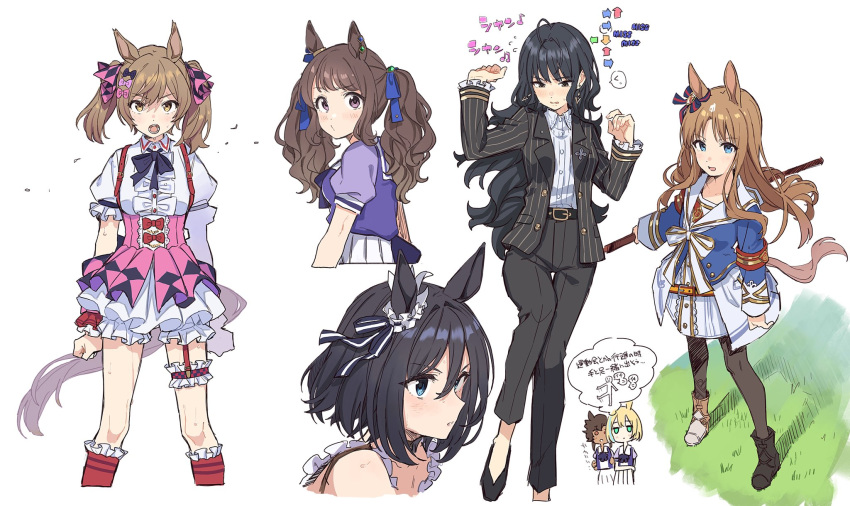 6+girls ahoge animal_ears armband arms_at_sides arrow_(symbol) asymmetrical_footwear bangs beamed_eighth_notes belt belt_buckle bitter_glasse_(umamusume) black_hair black_jacket black_legwear black_pants blue_eyes blush brown_eyes brown_hair buckle center_frills chibi chibi_inset clenched_hands collared_shirt cropped_legs cropped_torso dress earrings eighth_note eishin_flash_(umamusume) eyebrows_visible_through_hair frills from_side garter_straps grass_wonder_(umamusume) hair_ornament hair_ribbon hair_scrunchie highres holding horse_ears horse_girl horse_tail jacket jewelry kashimoto_riko leg_garter little_cocon_(umamusume) long_hair long_sleeves looking_at_viewer mismatched_footwear multiple_girls musical_note neck_ribbon open_clothes open_jacket open_mouth pants parted_lips pink_skirt puffy_sleeves ribbon sailor_collar school_uniform scrunchie shirt shirt_tucked_in short_hair simple_background skirt smart_falcon_(umamusume) speech_bubble standing suit_jacket suspender_skirt suspenders sweat tail teshima_nari thought_bubble tosen_jordan_(umamusume) tracen_school_uniform translation_request two_side_up umamusume upper_body white_background white_dress yellow_eyes