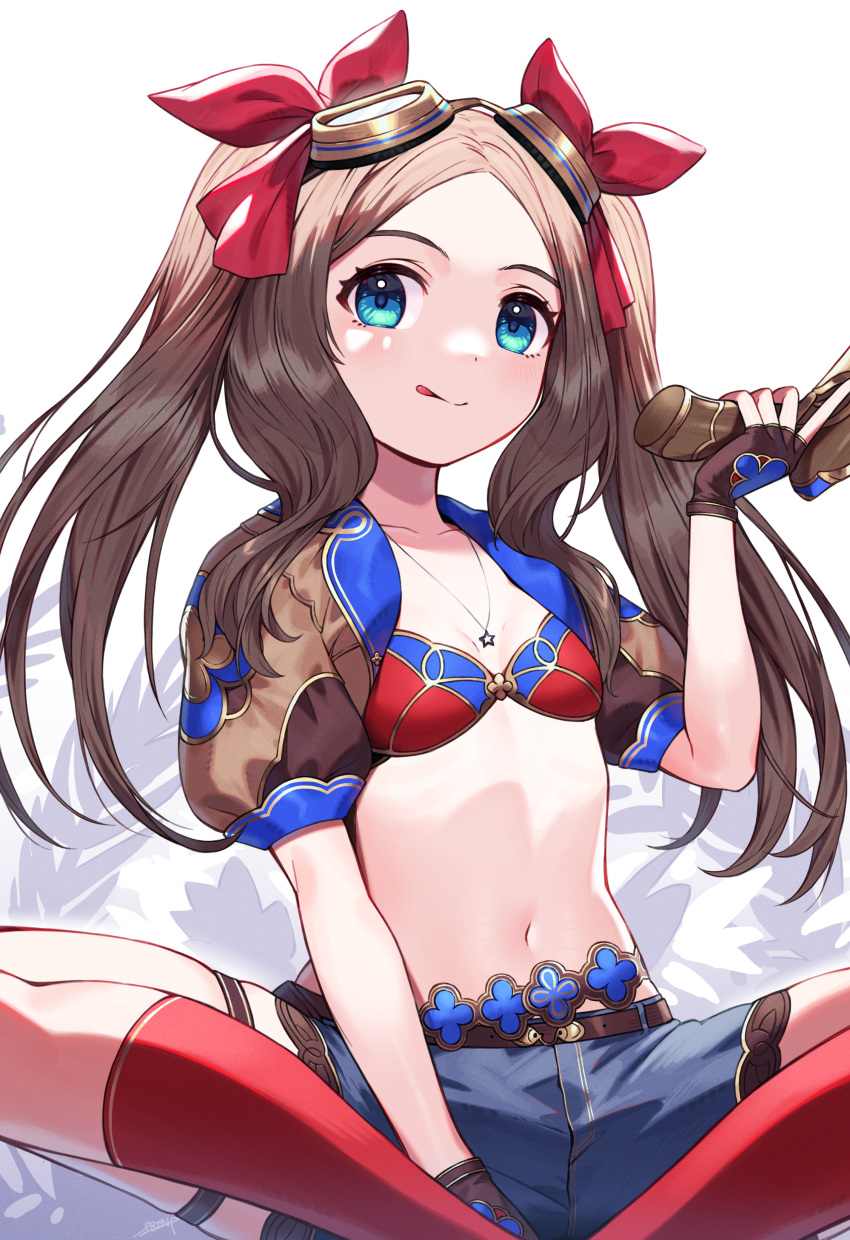 1girl absurdres bangs bikini bikini_top blue_eyes blue_shorts blush breasts brown_gloves brown_hair collarbone fate/grand_order fate_(series) fingerless_gloves forehead gloves goggles gun hair_ribbon highres jewelry kneehighs leonardo_da_vinci_(fate) leonardo_da_vinci_(swimsuit_ruler)_(fate) long_hair looking_at_viewer necklace parted_bangs puffy_short_sleeves puffy_sleeves red_bikini red_legwear red_ribbon ribbon shibainu short_shorts short_sleeves shorts shrug_(clothing) sidelocks sitting small_breasts smile swimsuit thighs tongue tongue_out twintails weapon