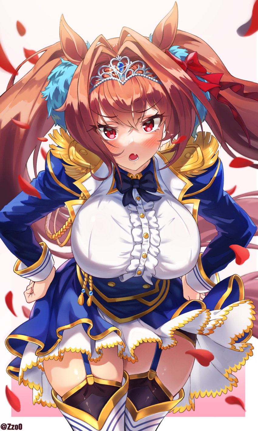 1girl absurdres animal_ears blue_dress blush bow bowtie breasts brown_hair buttons center_frills cowboy_shot daiwa_scarlet_(umamusume) dress epaulettes fang frills garter_straps hair_bow hair_intakes hair_ornament hands_on_hips highres horse_ears horse_girl large_breasts long_hair long_sleeves looking_at_viewer open_mouth petals pom_pom_(clothes) pom_pom_hair_ornament red_eyes simple_background skin_fang solo tassel thigh-highs tiara twintails twitter_username umamusume zzo0