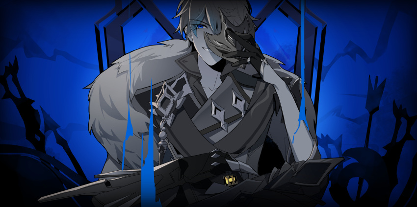 1boy absurdres annie_icy bangs blue_background blue_eyes fur_trim genshin_impact gloves grin hair_over_one_eye half_gloves hand_up highres holding holding_mask jacket jewelry king_(vocaloid) looking_at_viewer male_focus mask mechanical_arms one_eye_covered ring scarf single_glove single_mechanical_arm smile solo tartaglia_(genshin_impact) teeth throne upper_body