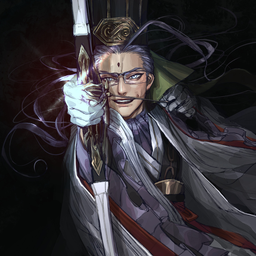 1boy ahoge arrow_(projectile) bow_(weapon) chen_gong_(fate) chinese_clothes chinese_hat dark-skinned_male dark_skin facial_mark fate/grand_order fate_(series) forehead_mark glasses glowing glowing_weapon grey-framed_eyewear hat highres long_hair male_focus noka_(noka8103) purple_hair smile solo upper_body violet_eyes weapon wind