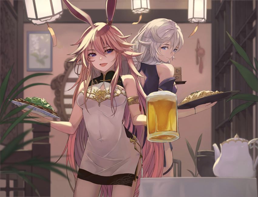 2girls :d alcohol animal_ears back bangs bare_shoulders beer beer_mug blue_eyes china_dress chinese_clothes closed_mouth cup dress food food_focus fox_ears hair_between_eyes highres holding holding_cup holding_plate honkai_(series) honkai_impact_3rd indoors kallen_kaslana lantern long_hair looking_at_viewer looking_back mug multiple_girls ne.corn open_mouth pink_hair plate short_sleeves sleeveless sleeveless_dress smile teapot violet_eyes white_dress white_hair yae_sakura