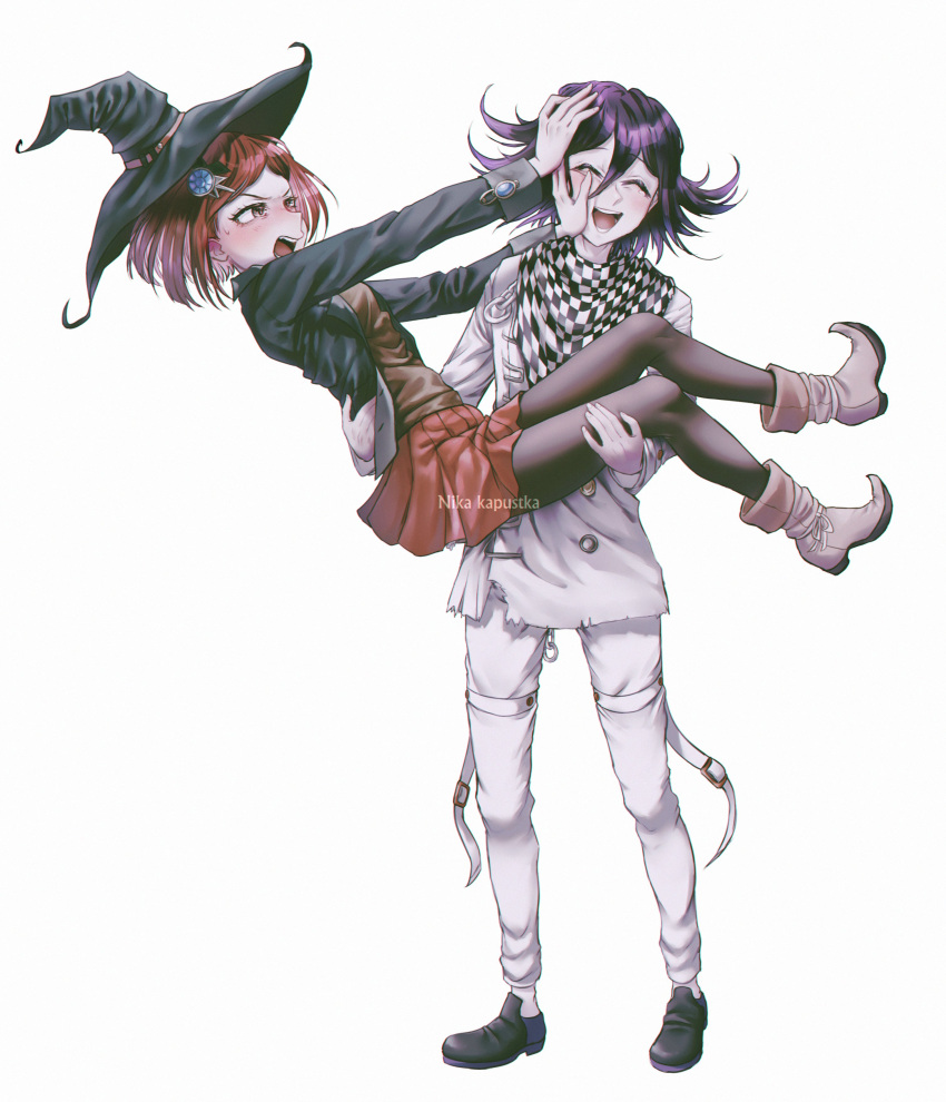 1boy 1girl :d absurdres bangs black_headwear black_jacket blush boots brown_footwear buttons carrying checkered checkered_neckwear checkered_scarf closed_eyes danganronpa_(series) flipped_hair full_body hair_between_eyes hair_ornament hairclip hat highres jacket long_sleeves nika_kapustka open_clothes open_jacket open_mouth ouma_kokichi pants pantyhose princess_carry purple_hair red_legwear red_skirt redhead scarf shiny shiny_hair shoes short_hair simple_background skirt smile standing straitjacket sweatdrop teeth white_background white_jacket white_pants witch_hat