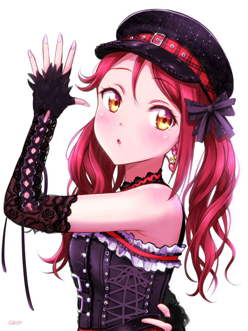 1girl bangs black_gloves blush breasts ckst commentary_request earrings elbow_gloves eyebrows_visible_through_hair fingerless_gloves gloves hair_ribbon hat highres jewelry long_hair love_live! love_live!_sunshine!! redhead ribbon sakurauchi_riko sidelocks signature small_breasts solo twintails upper_body yellow_eyes