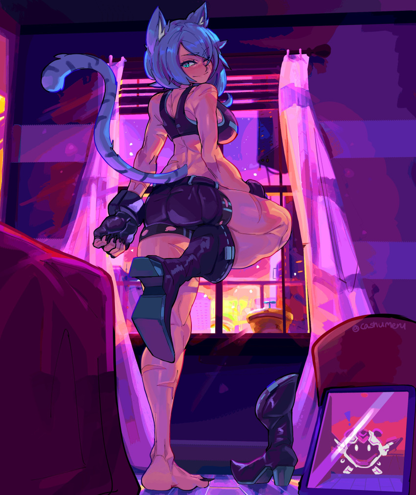 1girl absurdres animal_ears ass black_bra black_footwear black_shorts blue_hair boots bra cashumeru commission curtains from_behind highres leg_up long_hair original scar scar_on_leg shorts single_boot smile solo tail twitter_username underwear window