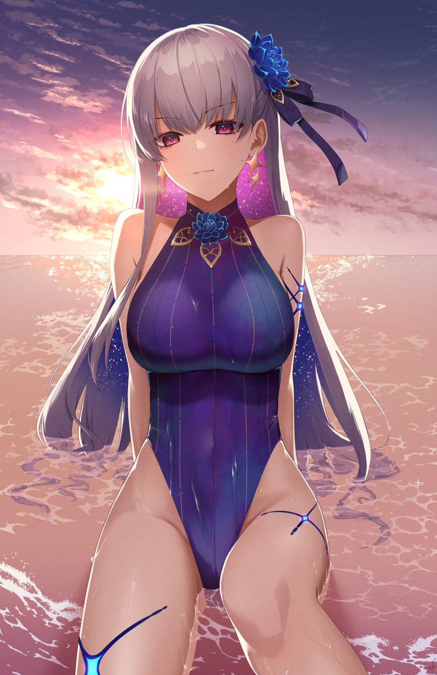 1girl absurdres bangs bare_shoulders blue_hair blue_swimsuit blush body_markings bracelet breasts covered_navel earrings fate/grand_order fate_(series) flower hair_flower hair_ornament hair_ribbon highleg highleg_swimsuit highres ironatsuki jewelry kama_(fate) kama_(swimsuit_avenger)_(fate) large_breasts long_hair looking_at_viewer lotus multicolored_hair one-piece_swimsuit red_eyes ribbon silver_hair star_(symbol) star_earrings swimsuit thighs two-tone_hair