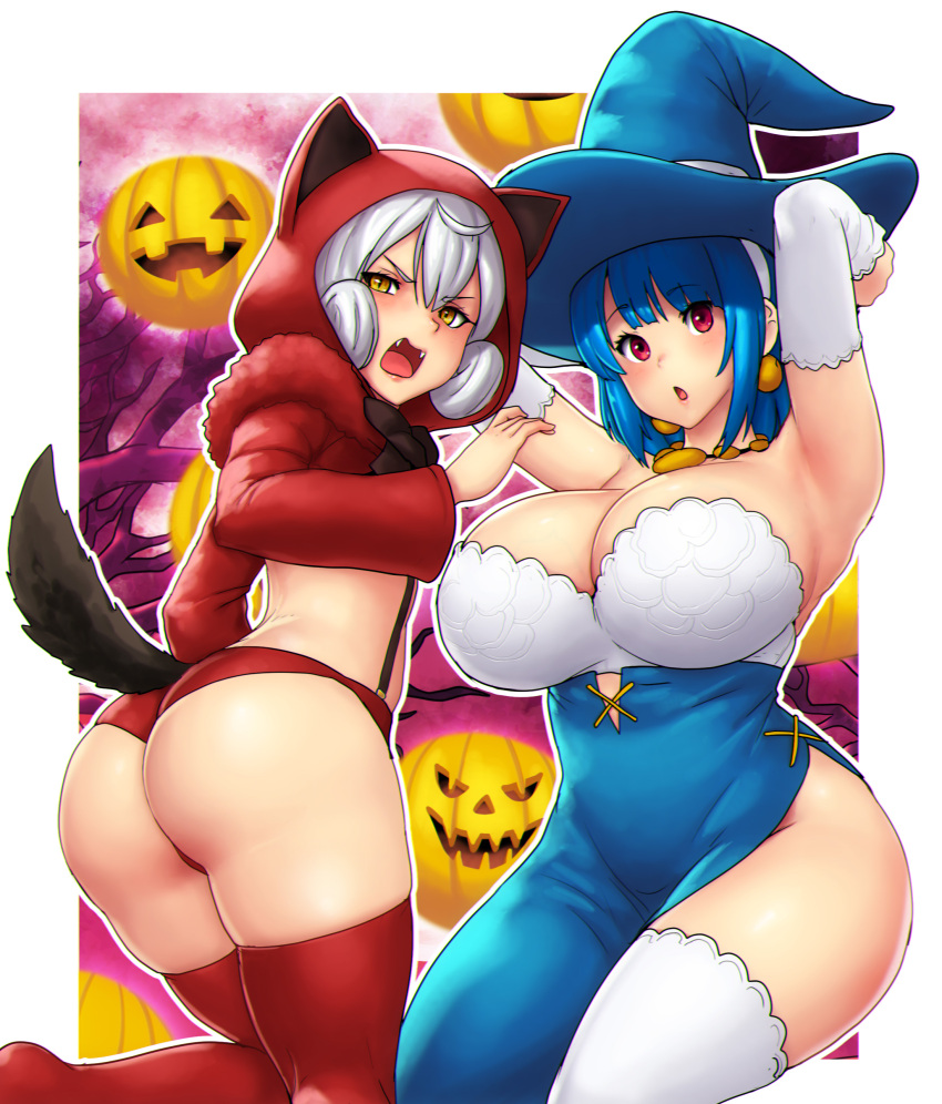 2girls :o absurdres alternate_costume animal_ears animal_hood ass autumn blue_dress borrowed_character breasts detached_sleeves dress elbow_gloves erkaz fake_tail fallecimiento_melodia fangs gloves halloween halloween_costume height_difference highres hood huge_breasts jack-o'-lantern jewelry multiple_girls necklace night night_sky original pumpkin purple_sky red_eyes red_legwear rina_atherina shorts sky suspender_shorts suspenders tail thick_thighs thighs white_gloves white_hair white_sleeves witch wolf_ears wolf_girl yellow_eyes