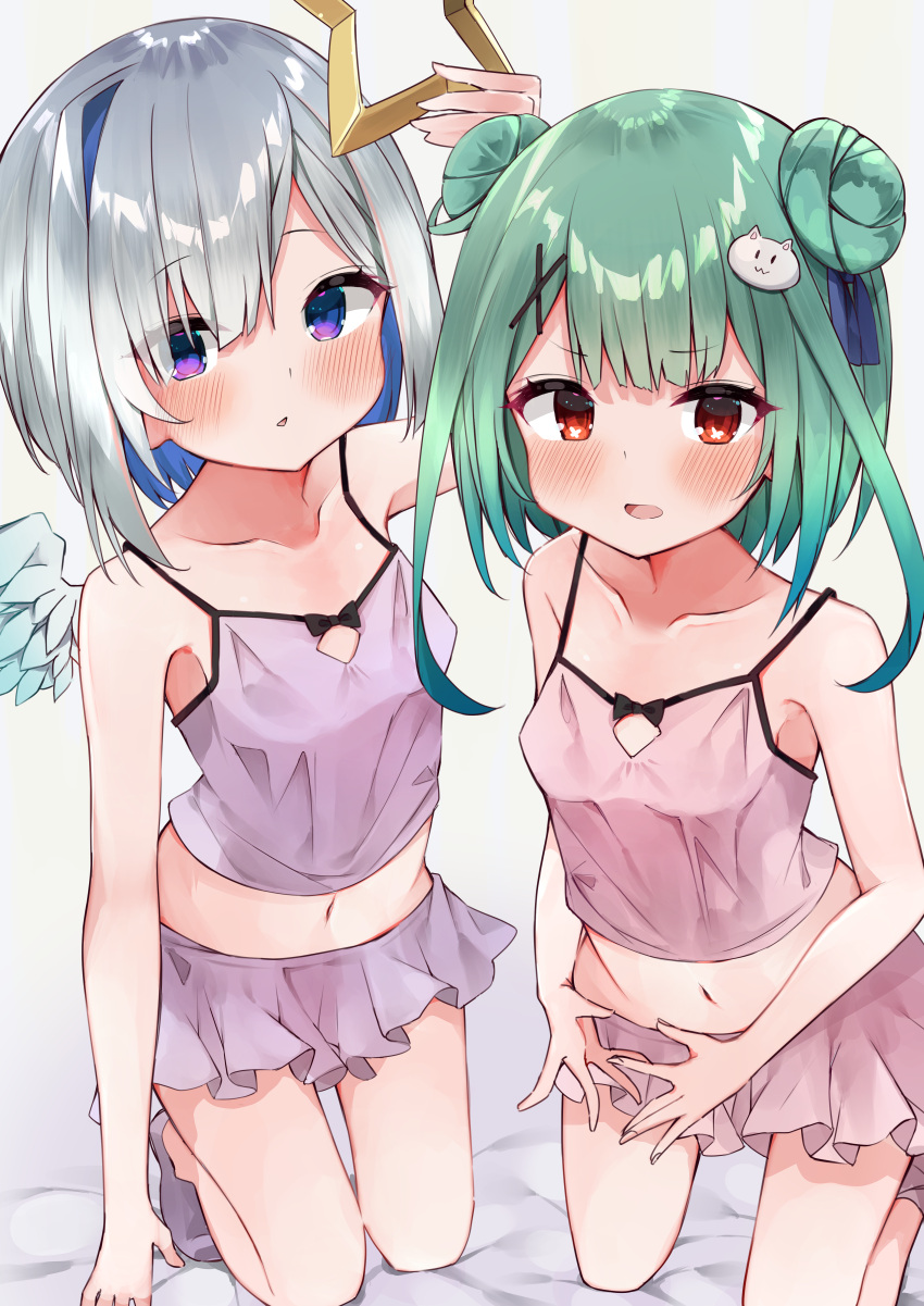 2girls absurdres alternate_costume amane_kanata angel angel_wings bangs blue_hair bob_cut breasts camisole colored_inner_hair double_bun eureka_814 feathered_wings green_hair halo highres hololive kneeling microskirt mini_wings multicolored_hair multiple_girls navel pink_camisole pink_skirt red_eyes short_hair sidelocks silver_hair single_hair_intake skirt small_breasts star_halo uruha_rushia violet_eyes virtual_youtuber wings