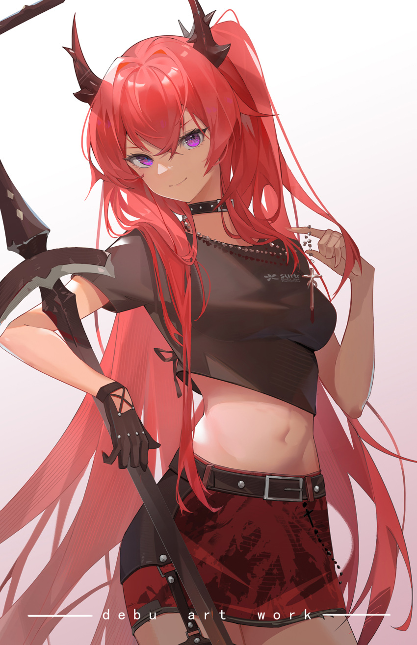 arknights artist_name belt belt_buckle black_gloves black_shirt breasts buckle character_name chinese_commentary closed_mouth clothes_writing collar commentary_request cowboy_shot crop_top cross cross_necklace debu_xiao_huajiang demon_horns gloves gradient gradient_background highres horns jewelry long_hair looking_at_viewer medium_breasts midriff miniskirt navel necklace official_alternate_costume pink_background ponytail red_skirt redhead shirt short_sleeves skirt smile stomach surtr_(arknights) surtr_(liberte_echec)_(arknights) sword very_long_hair violet_eyes weapon white_background