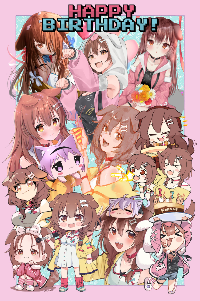 &gt;_&lt; 1girl :3 :o absurdres animal_ears blush bow breasts brown_eyes brown_hair chibi collaboration collage detached_sleeves dog_ears dog_girl dog_tail dokuro_deluxe doll dress english_commentary fangs fur_trim hair_bow hairband happy_birthday highres holding holding_doll hololive hood hoodie hyde_(tabakko) inugami_korone kayjae kukie-nyan looking_at_viewer maru_ccy medium_breasts mittsun mixed-language_commentary moemoepiano nekomata_okayu nillith off_shoulder pink_bow pink_hairband pink_hoodie potato7192 ronin_(zeth_total) sitting smile sweater tail tian_nya tsukinon tube_socks virtual_youtuber white_dress yellow_sweater