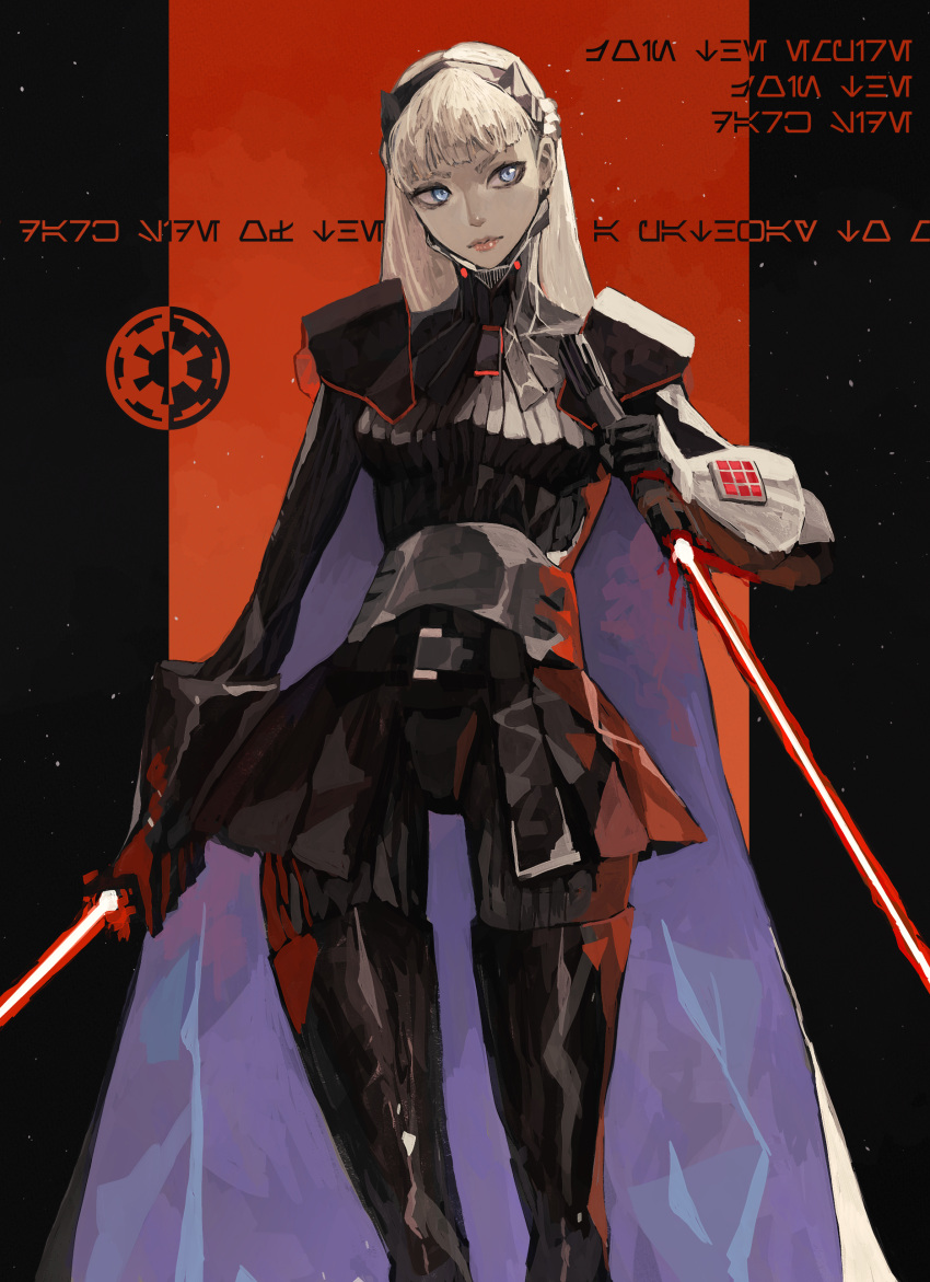 1girl absurdres am_(star_wars) bangs black_footwear black_hairband black_skirt blonde_hair blue_eyes boots breasts dual_wielding energy_sword english_commentary galactic_empire hairband highres holding holding_sword holding_weapon lightsaber long_hair medium_breasts science_fiction skirt solo star_wars star_wars:_visions subakeye sword thigh-highs thigh_boots weapon