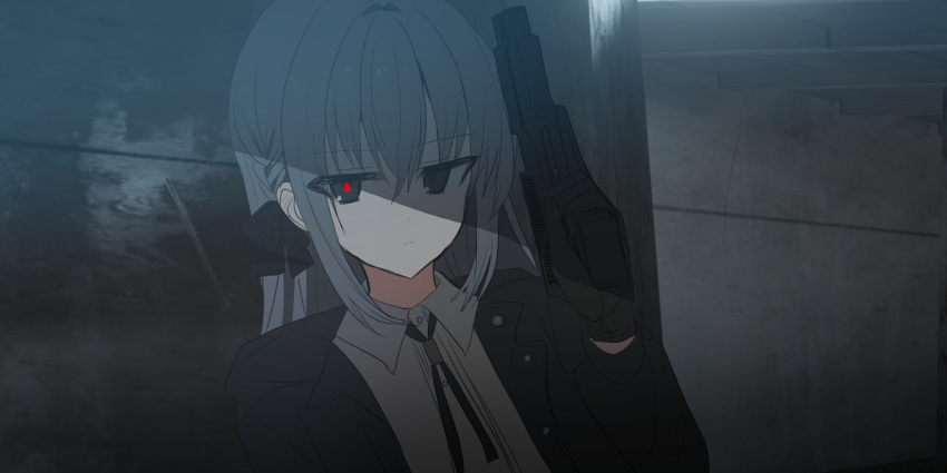 1girl absurdres bangs black_bow black_gloves black_jacket bow braid chihuri closed_mouth collared_shirt dress_shirt eve_(chihuri) eyebrows_visible_through_hair gloves grey_eyes grey_hair grey_shirt gun hair_between_eyes hair_bow hand_up handgun highres holding holding_gun holding_weapon hood hood_down hooded_jacket jacket long_hair long_sleeves looking_at_viewer open_clothes open_jacket original pistol shirt solo upper_body weapon weapon_request