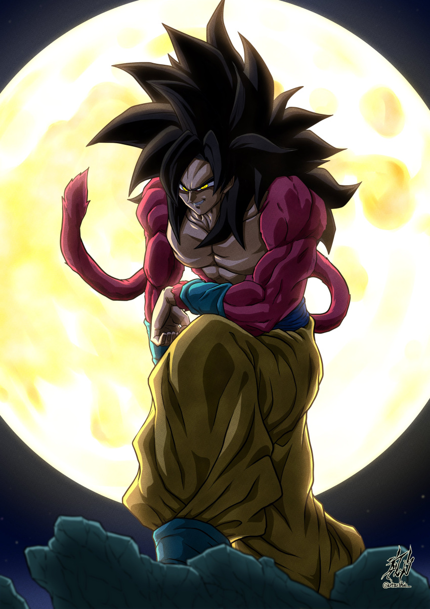 absurdres bare_pectorals biceps black_hair blue_wristband body_fur dragon_ball dragon_ball_(classic) dragon_ball_gt full_body full_moon highres liedein monkey_boy monkey_tail moon moonlight muscular muscular_male night night_sky no_nipples outdoors pants pectorals red_fur saiyan sky solo son_goku spiky_hair super_saiyan super_saiyan_4 tail wristband yellow_eyes yellow_pants